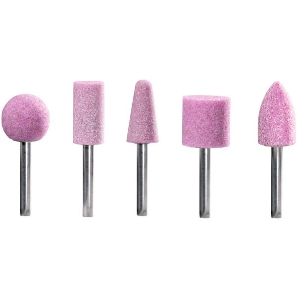 Fünf rosa Schleifaufsätze mit metallischen Stielen, jeweils in unterschiedlicher Form: kugelig, rechteckig, spitz, zylindrisch, kegelförmig.